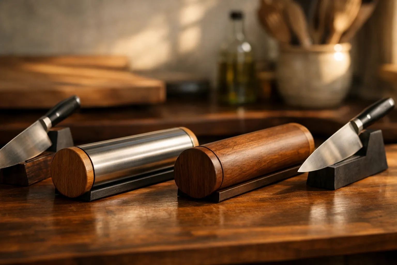 Two cylindrical rolling knife sharpeners with magnetic angle blocks on a wooden kitchen counter