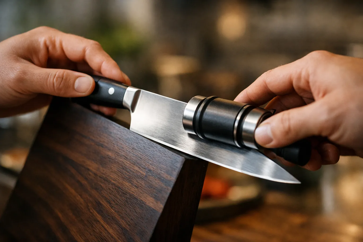 A chef's knife on a magnetic angle block with a roller sharpener