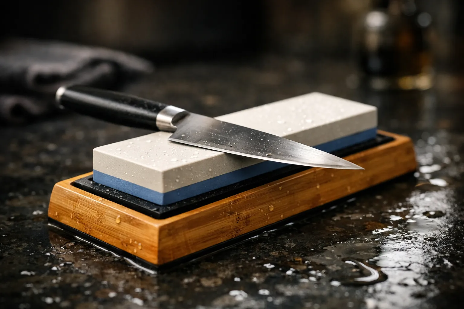 A whetstone held in a bamboo holder with a rubber insert
