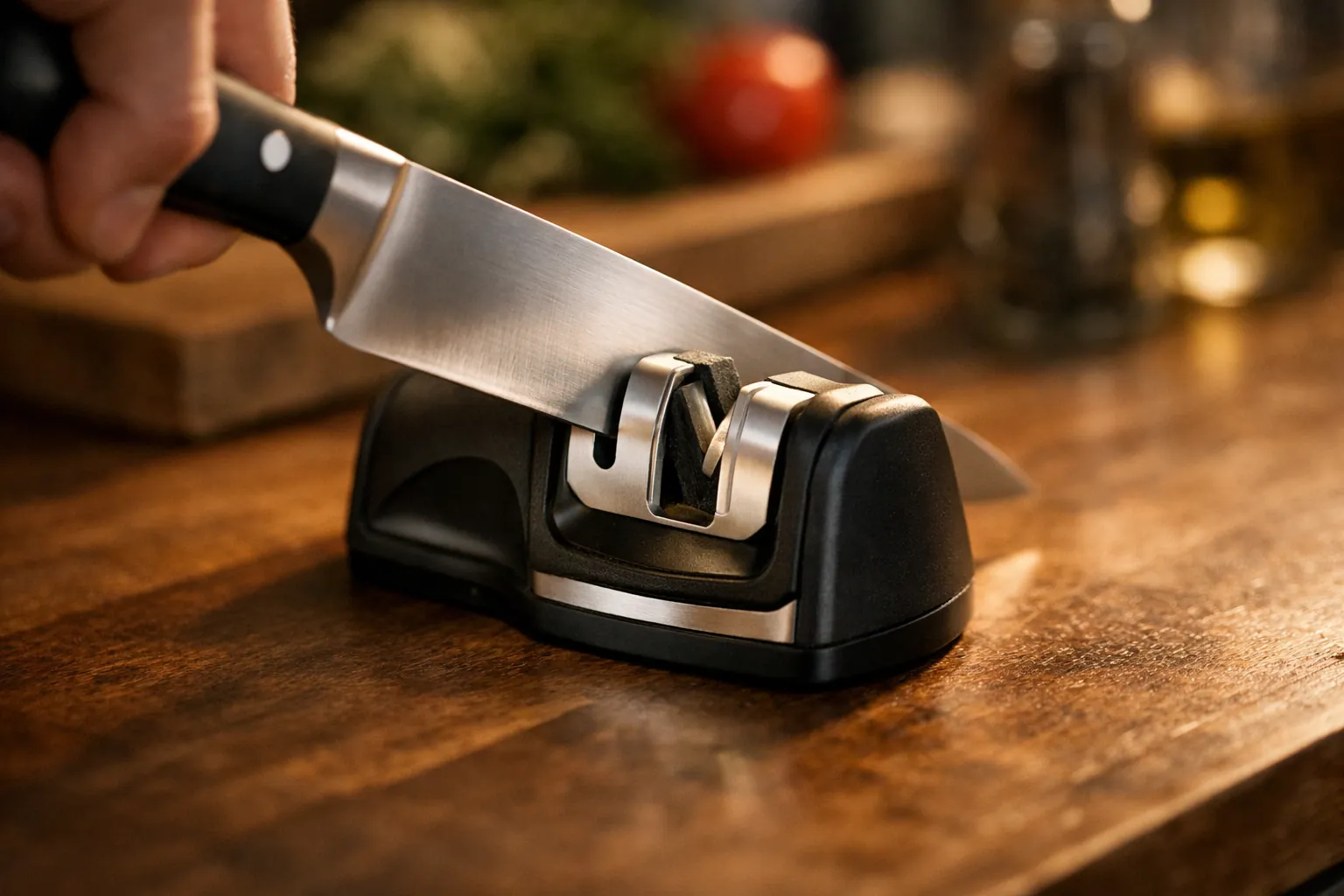 A chef's knife drawn through a compact two-slot handheld sharpener