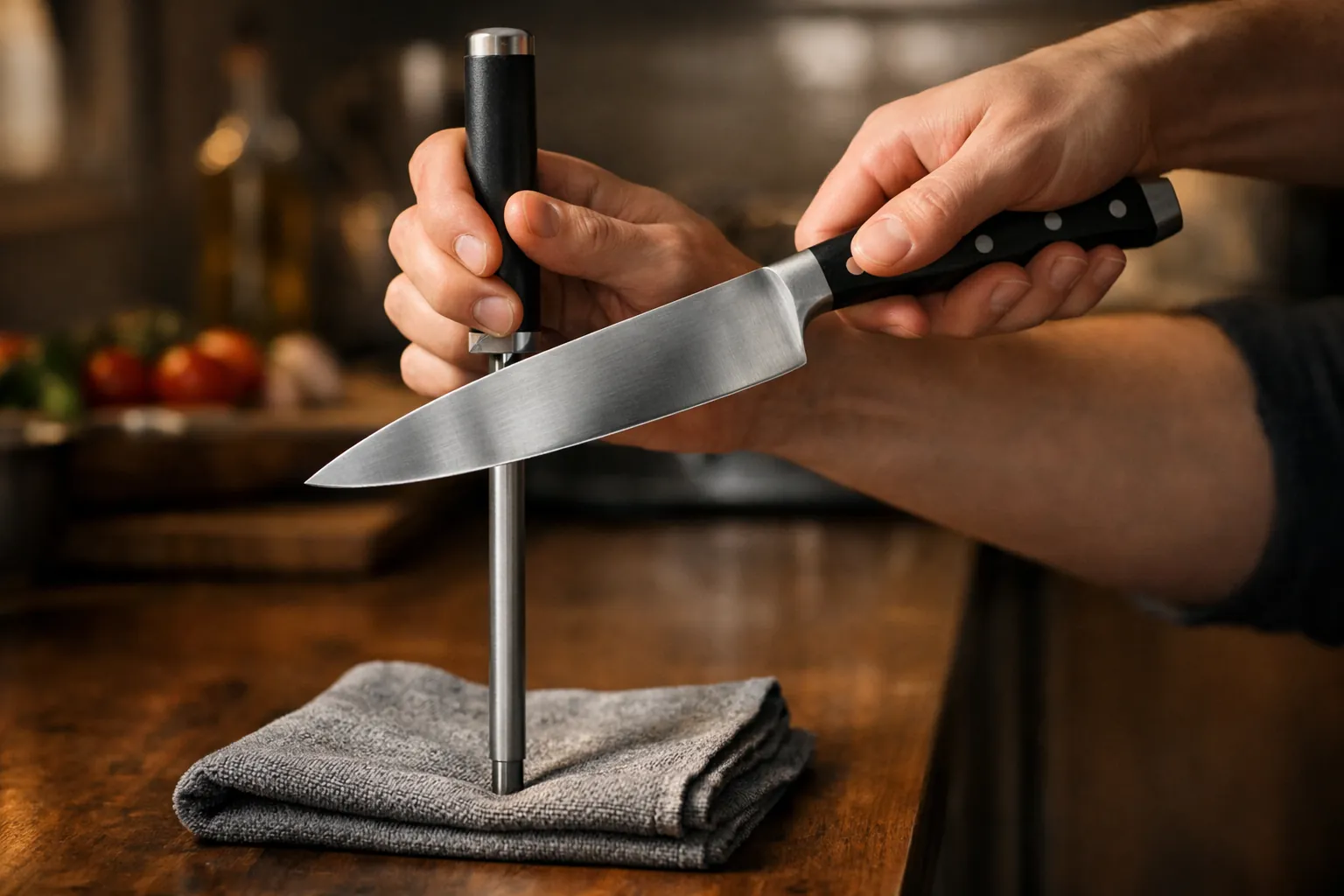 Hands honing a chef's knife on a vertical steel rod
