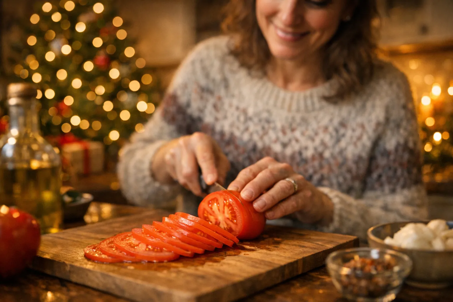 A smiling woman in a knit sweater slicing a tomato into thin rounds on a wooden board, a lit Christmas tree glowing behind her