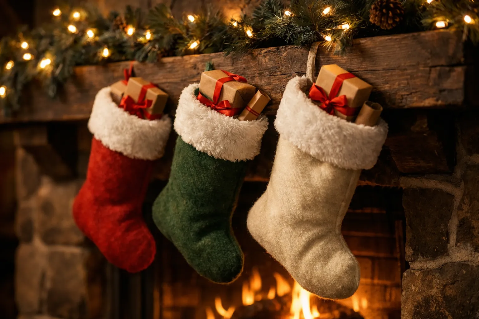 Christmas stockings with small kraft-paper gifts hanging from a mantel above a fire