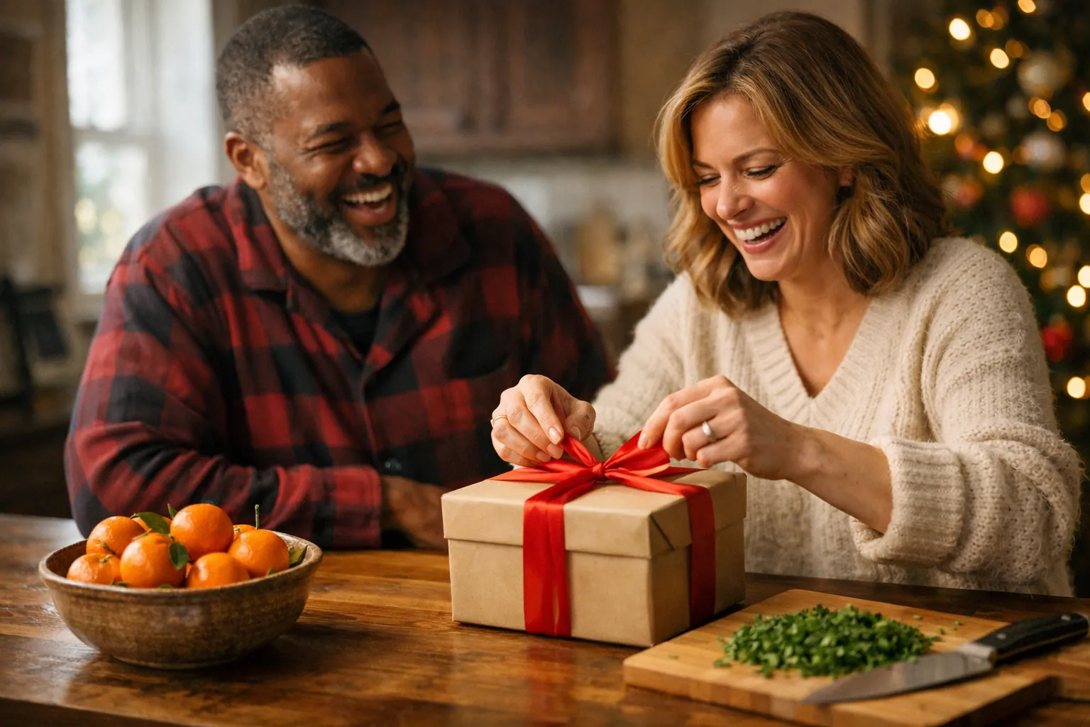 A man and a woman laughing at a kitchen table as she unties the red ribbon on a gift box