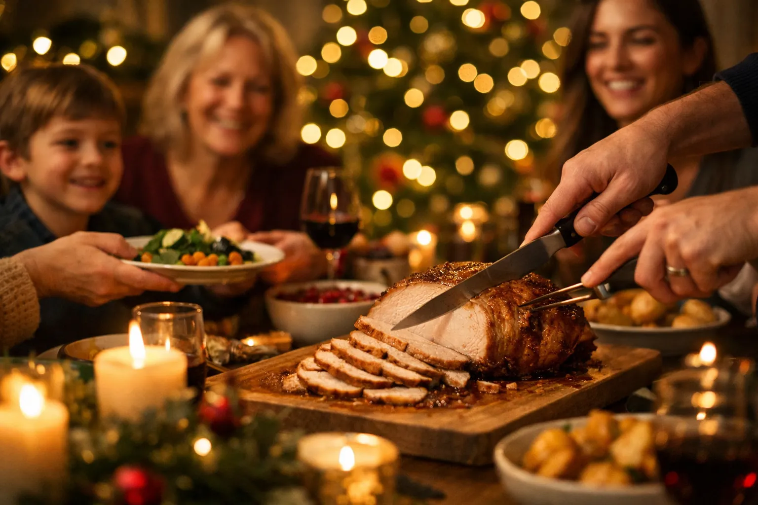 A family at a candlelit Christmas dinner table as a roast is carved into thin slices