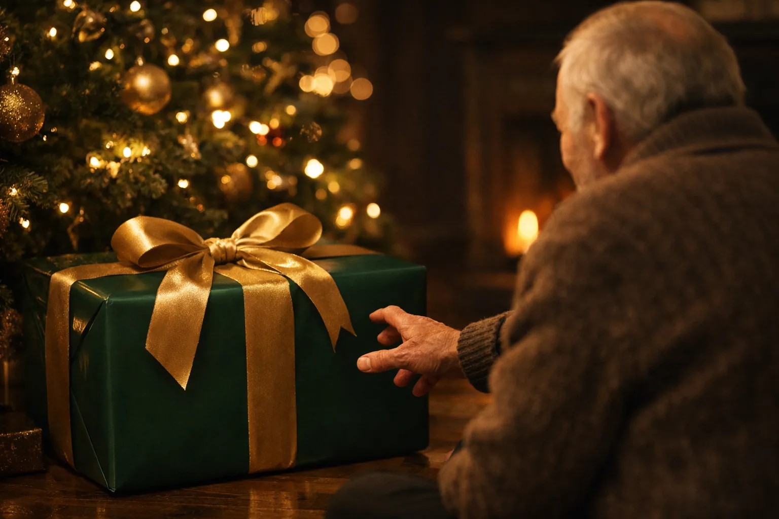 An older man reaching for a large green-wrapped gift with a gold ribbon under a glowing Christmas tree