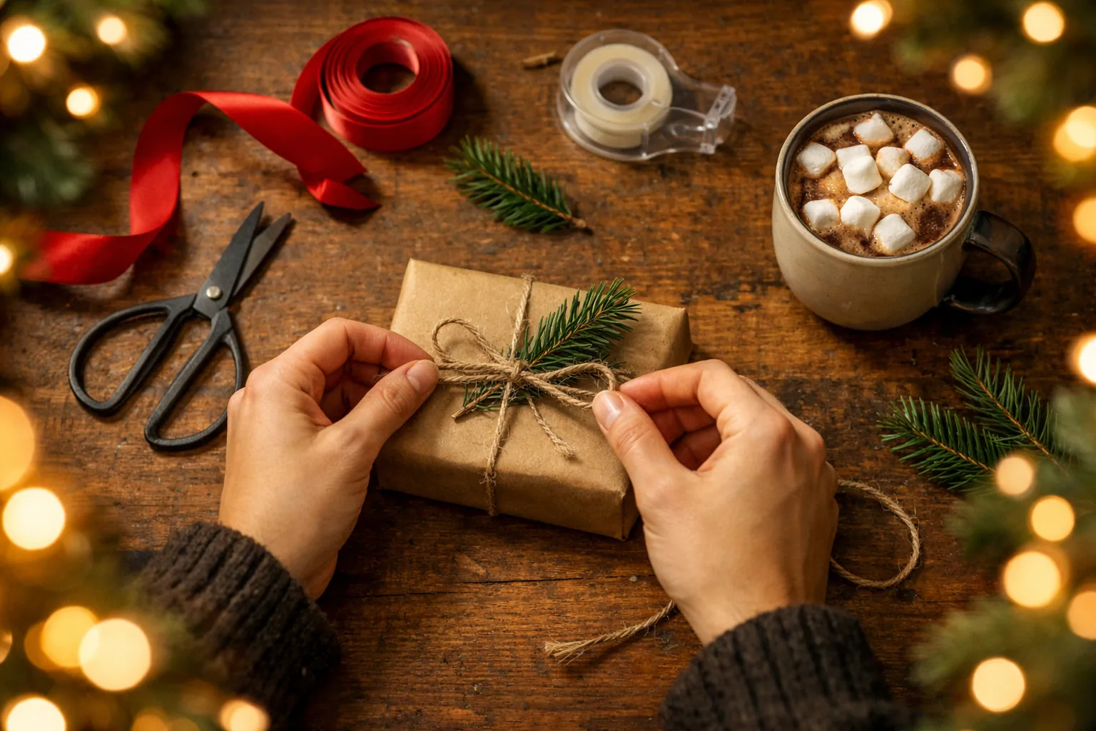 Hands tying twine around a small kraft-paper gift with a pine sprig, a mug of cocoa beside it